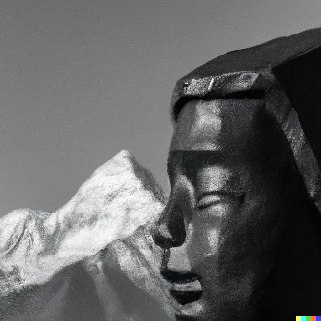 someone gazing at Mount Everest, sculpture